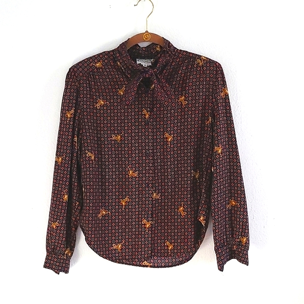 Vintage The Villager Petite Equestrian Novelty Print Button Up Size 6